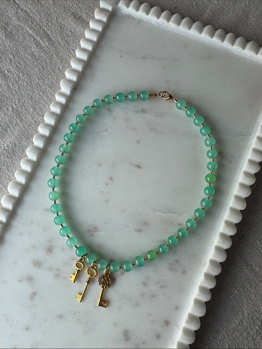 Aventurine Green Beaded Necklace with Gold Key Charms - 16 inch Length